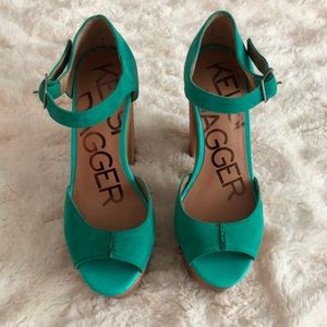 Turquoise Leather and Wood Kelsi Dagger Heels